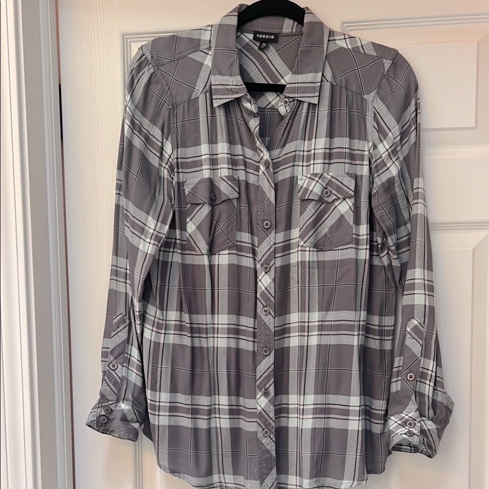 Torrid Gray Plaid Button Down Shirt